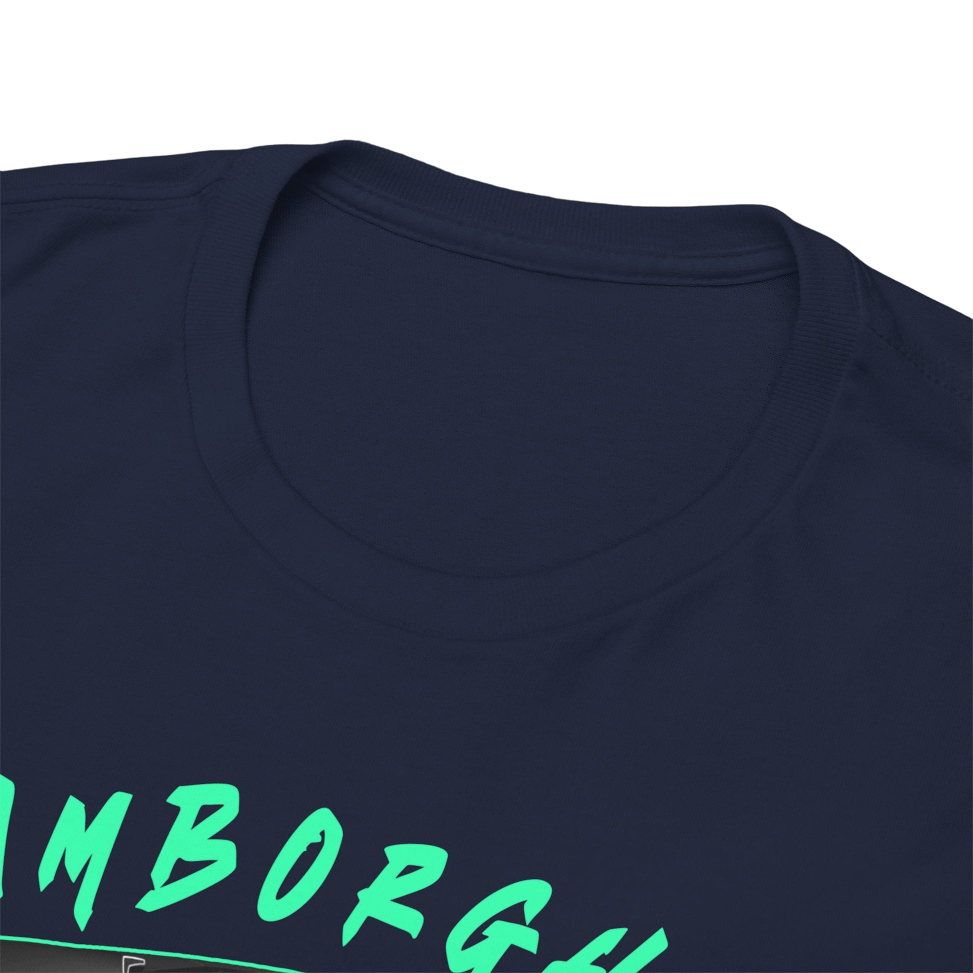 Close-up detail of the Lamborghini Aventador graphic men's T-shirt showcasing the finely crafted neckline and soft fabric, emphasizing luxury and comfort.