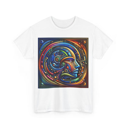 Front view of the Stained Glass Dreams Unisex T-Shirt featuring a vibrant, artistic print of a human face in abstract style, perfect for art lovers.