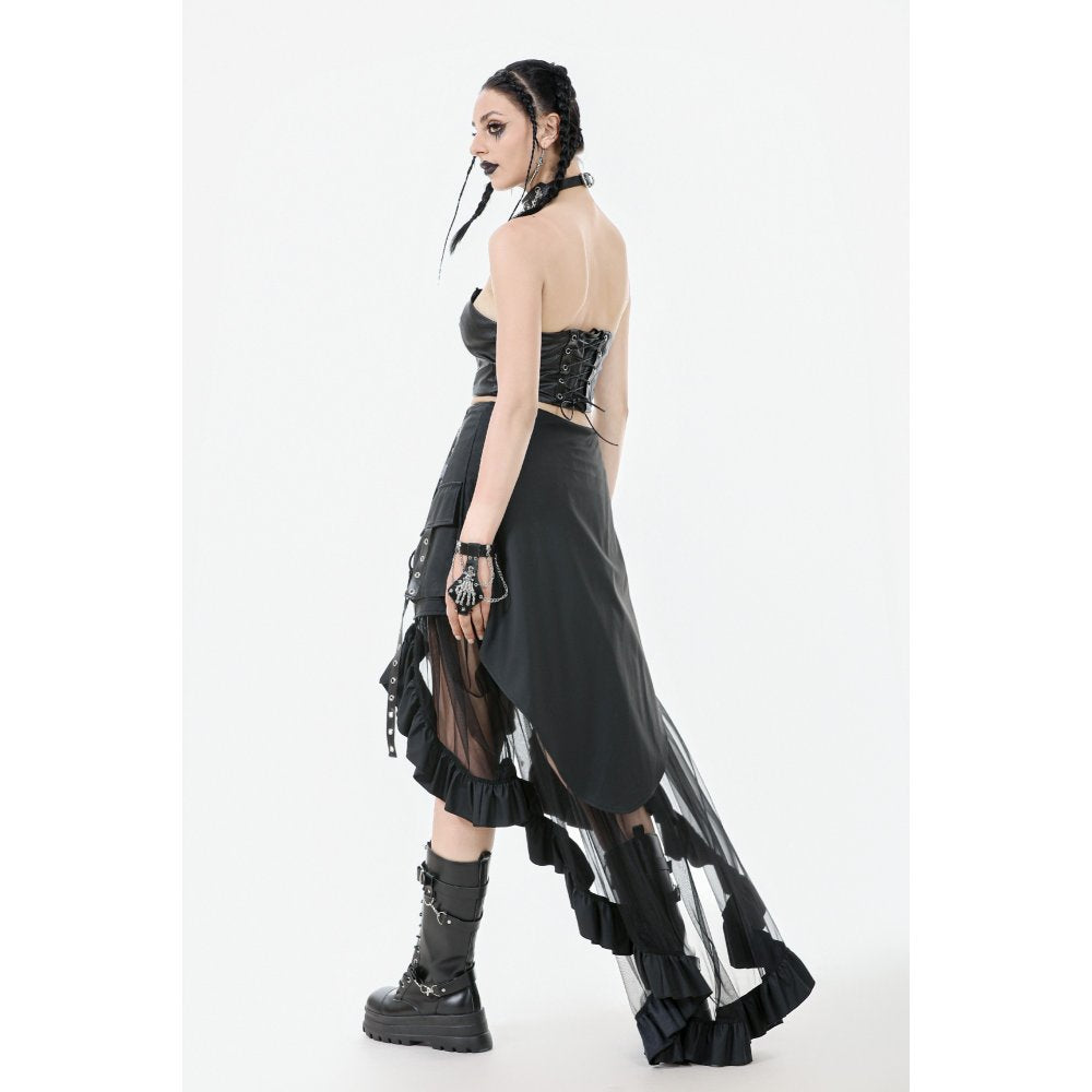 Back view of Dark In Love Belladonna Mesh Gothic Skirt demonstrating its flared asymmetrical layers and functional zip closure.