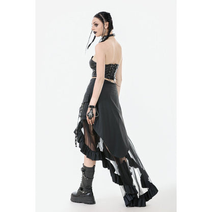 Back view of Dark In Love Belladonna Mesh Gothic Skirt demonstrating its flared asymmetrical layers and functional zip closure.