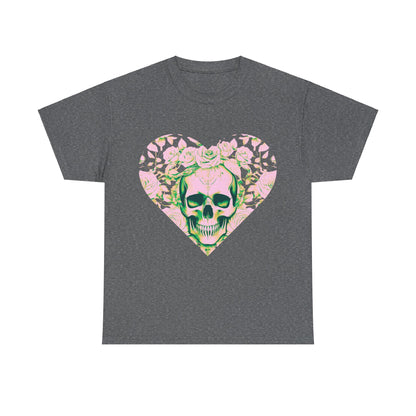 Stylish Skulls and Roses Cotton Tee in dark grey, featuring an intricate skull design surrounded by roses, a statement piece for any wardrobe.