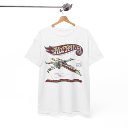 Elegant display of the X Wing Star Wars Unisex Mens Graphic Cotton Funny T Shirt Tee Vintage Hot Wings, highlighting the vivid starfighter graphic on a white tee hung stylishly.