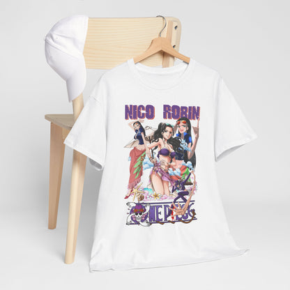 Fashionable white graphic tee resting on a chair, featuring an artistic representation of Nico Robin and friends, embodies the spirit of summer adventures.