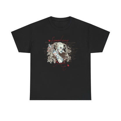 Elegant Baroque skull t-shirt in deep black, showcasing an artistic depiction of a violin intertwined with floral scrolls, ideal for those seeking a unique fashion statement.