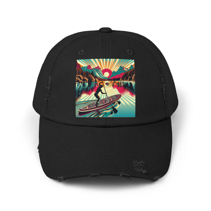 Unisex Distressed Paddleboarders Cap showcasing a stunning fantasy design with a paddleboarder against a vibrant sunset, perfect for adventurous spirits.