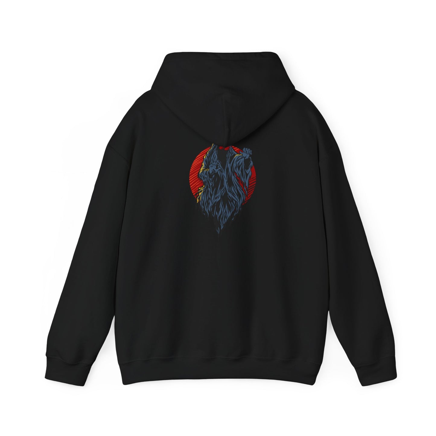 Elegant black hoodie with a captivating demon design on the back, set against a vibrant red circle, perfect for bold, edgy aesthetics.