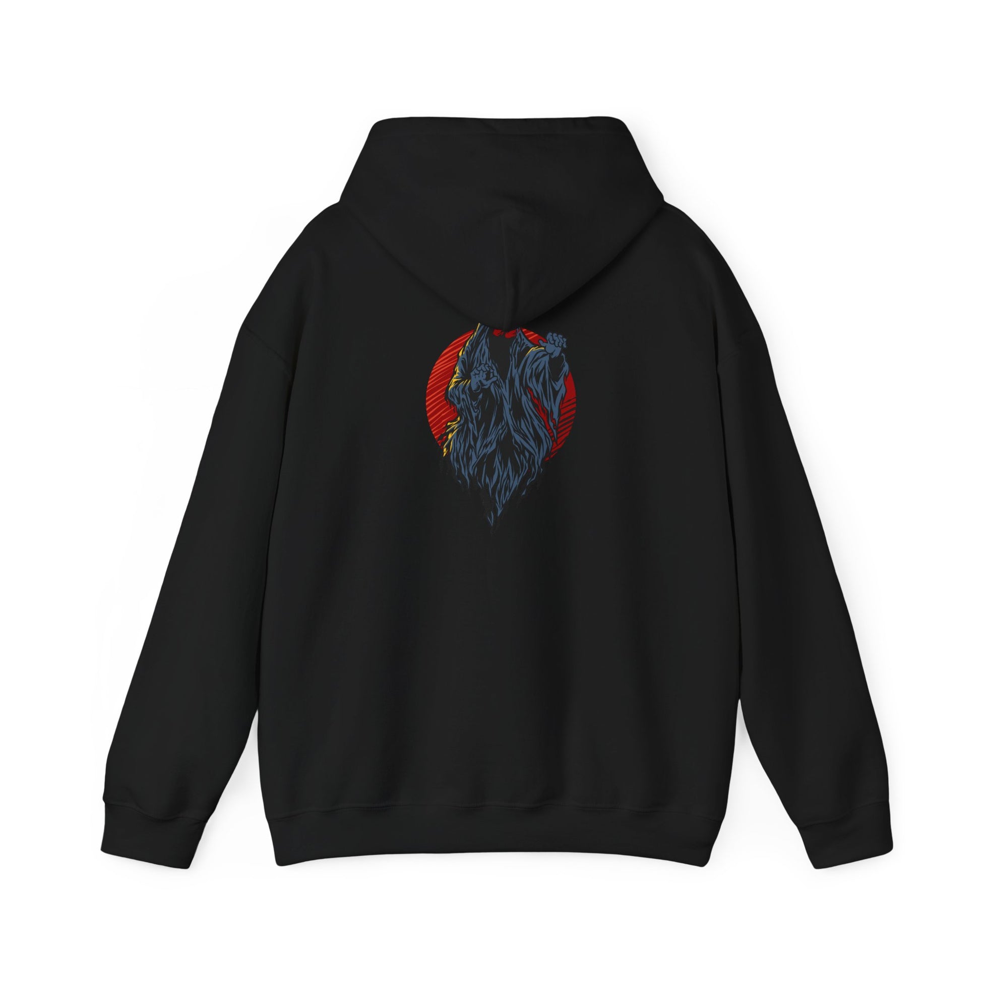Elegant black hoodie with a captivating demon design on the back, set against a vibrant red circle, perfect for bold, edgy aesthetics.