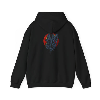 Elegant black hoodie with a captivating demon design on the back, set against a vibrant red circle, perfect for bold, edgy aesthetics.