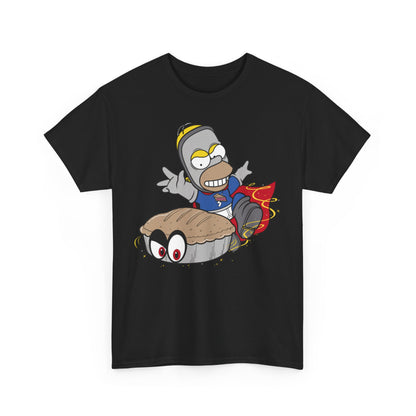 Stylish black T-shirt showcasing a humorous graphic of Homer Simpson soaring with a pie, ideal for casual luxury lovers. Unisex design for men and women.