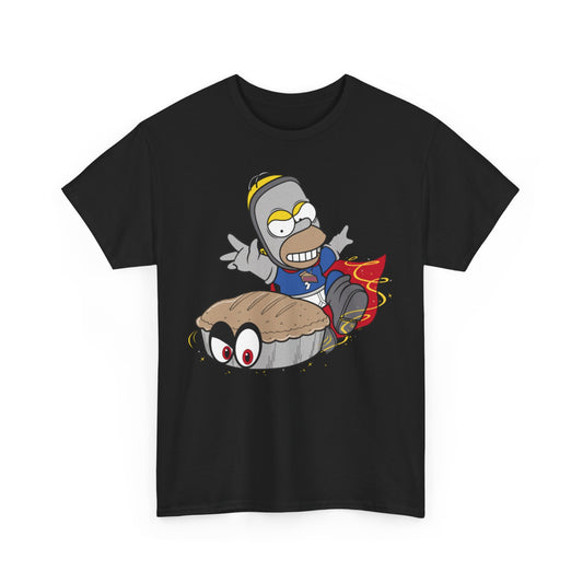 Stylish black T-shirt showcasing a humorous graphic of Homer Simpson soaring with a pie, ideal for casual luxury lovers. Unisex design for men and women.
