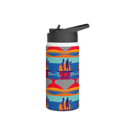 Chic Fantasy Paddleboarding Stainless Steel Water Bottle adorned with colourful paddleboarding and sunset illustrations, ideal for luxurious outdoor hydration.