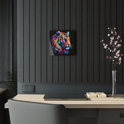 Stylish interior with Close-Up Tiger's Head Acrylic Print on display, enhancing a modern workspace with luxurious decor, highlighting vibrant colours and artistry.