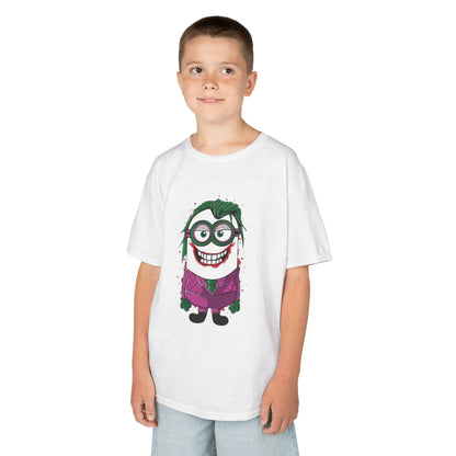 A boy in the Minions Joker T-Shirt, featuring the iconic Minion character styled as the Joker, ideal for kids who enjoy funny shirts featuring Minions.
