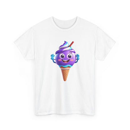 Front view of a stylish white cotton t-shirt featuring the cheerful design of the Scoop of Joy: Cartoon Ice Cream Cone character.