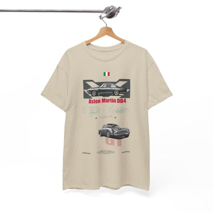 Luxury beige men's T-shirt featuring a graphic of the classic Aston Martin DB4, with detailed engine drawings and bold typography, showcasing automotive elegance.