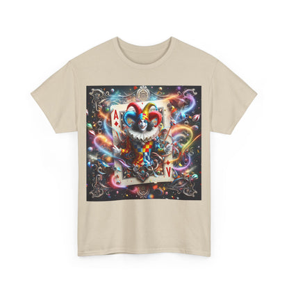 Front view of the Harlequin Playing Card Graphic Tee for Unisex, featuring a vibrant playing card graphic design, combining whimsical charm with contemporary luxury.