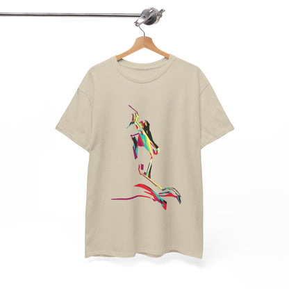 Exquisite beige t-shirt showcasing a striking pop art design of a stylised female figure, elegantly displayed on a wooden hanger.