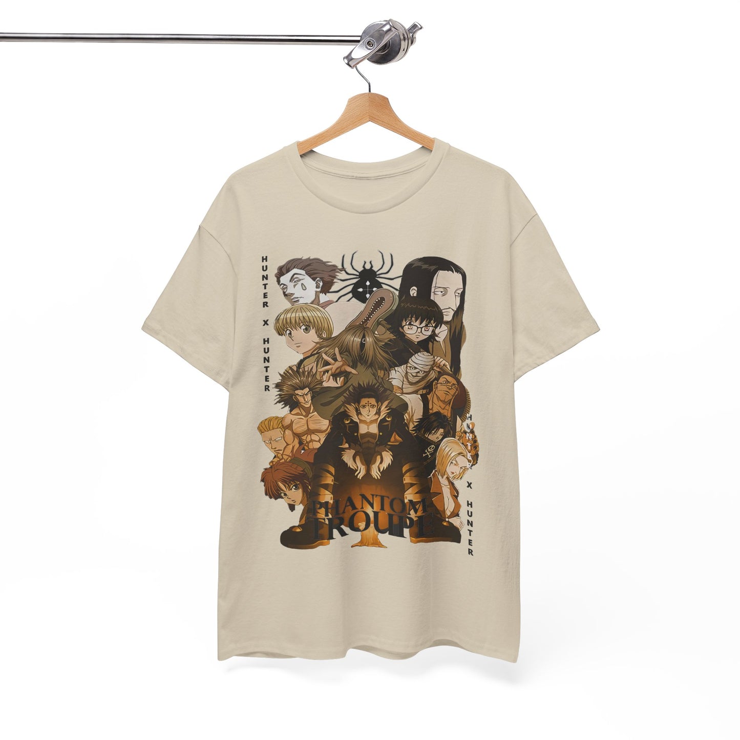 Luxurious Phantom Troupe Hunter x Hunter graphic t-shirt displayed on a wooden hanger, featuring intricate designs of beloved characters.
