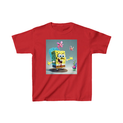 Kids SpongeBob Heavy Cotton Tee in Red, showcasing an eye-catching SpongeBob graphic surrounded by playful flowers, ideal for active young fans.