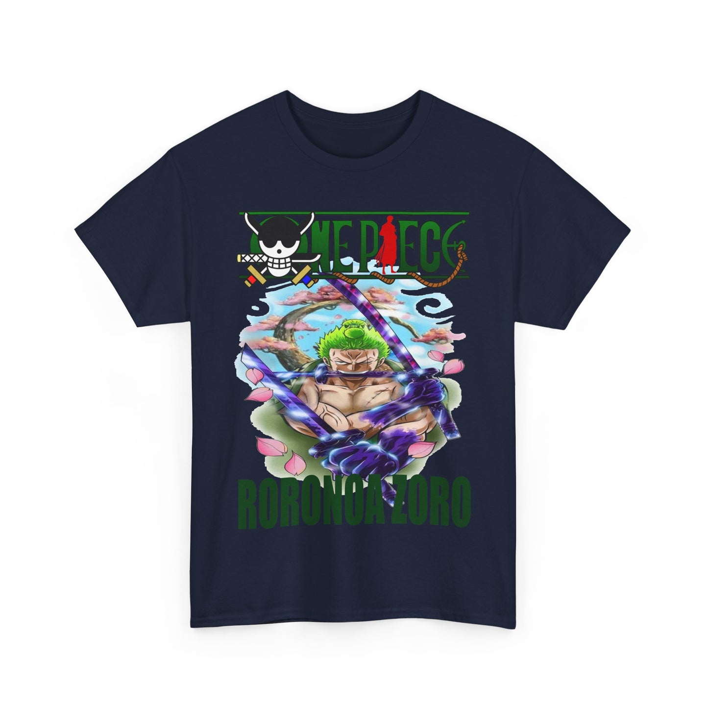 Luxury dark navy Roronoa Zoro t-shirt featuring vibrant artwork and the signature anime logo, a perfect blend of style and fandom.