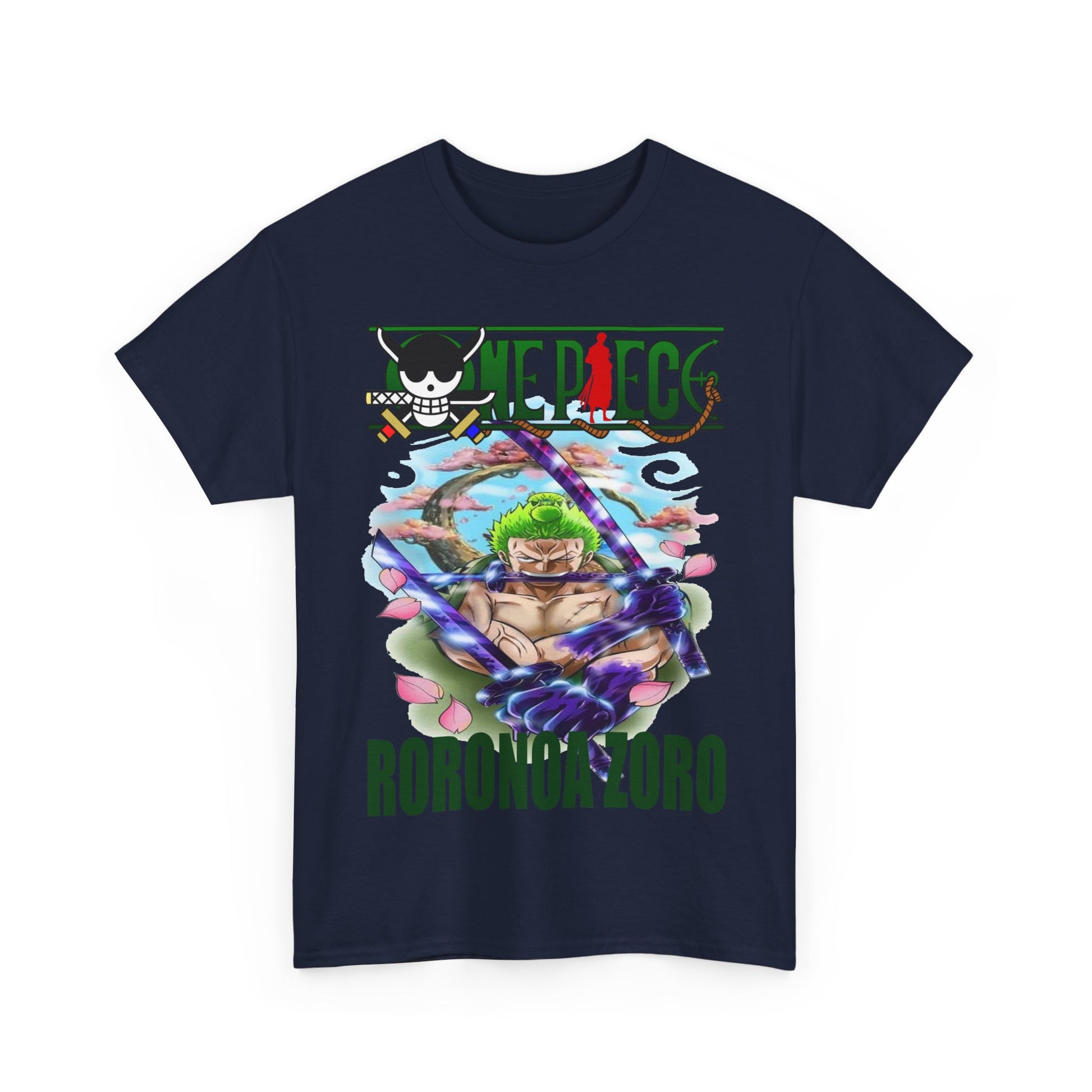 Luxury dark navy Roronoa Zoro t-shirt featuring vibrant artwork and the signature anime logo, a perfect blend of style and fandom.