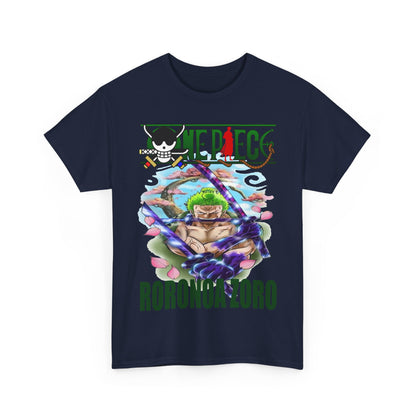 Luxury dark navy Roronoa Zoro t-shirt featuring vibrant artwork and the signature anime logo, a perfect blend of style and fandom.