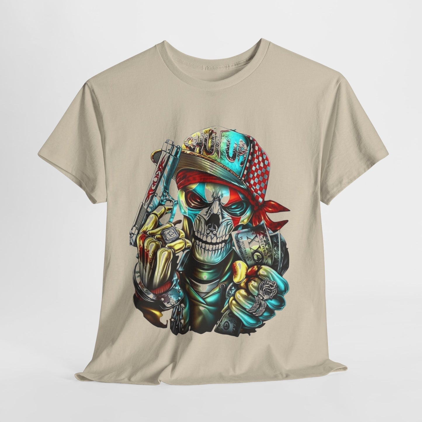 MEN'S FUNNY T-SHIRT WITH STYLIZED SKULL, BANDANA, AND GANGSTA GRAPHIC DESIGN