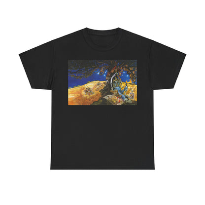 Stylish Discworld Reaper Man Graphic Unisex Tee showcasing a whimsical illustration from Terry Pratchett's universe, set against a sophisticated black backdrop.