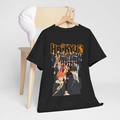 Stylish black Haikyuu!! All-Stars T-Shirt elegantly draped over a chair, showcasing vibrant designs of popular characters alongside a trendy cap.