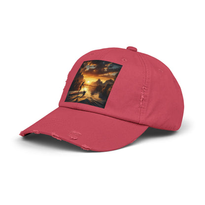 Chic pink Unisex Distressed Paddleboarders Cap with an eye-catching sunset graphic, designed for stylish water lovers who enjoy the great outdoors.