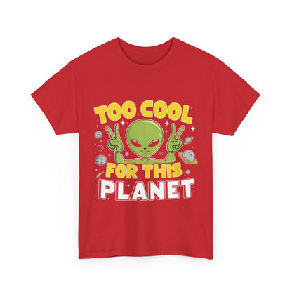Front view of the Trendy Unisex Alien Graphic T-Shirt in red, showcasing a vibrant graphic design with an alien theme, perfect for fashionable casual wear.