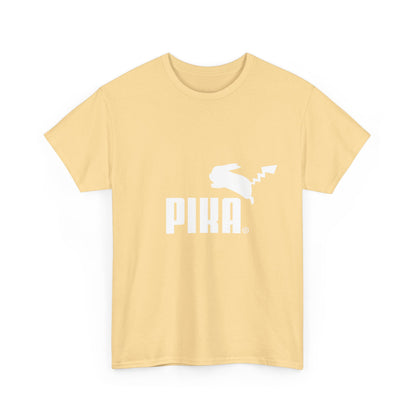 Luxury Pokemon Character Puma Logo Graphic T-Shirt in a soft yellow hue, featuring an eye-catching PIKA logo for discerning fashion lovers.