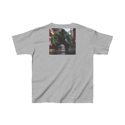 Kids Heavy-Duty Hulk Graphic Tee in elegant grey presenting a bold Hulk image on the back, ideal for children embracing their inner superhero.