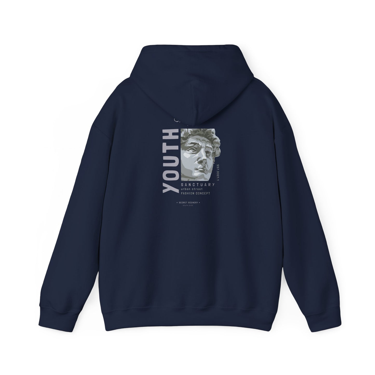 Back view of a navy Urban Sanctuary hoodie adorned with a contemporary bust graphic and the word 'YOUTH' in distinguished font, merging art with urban fashion sophistication.