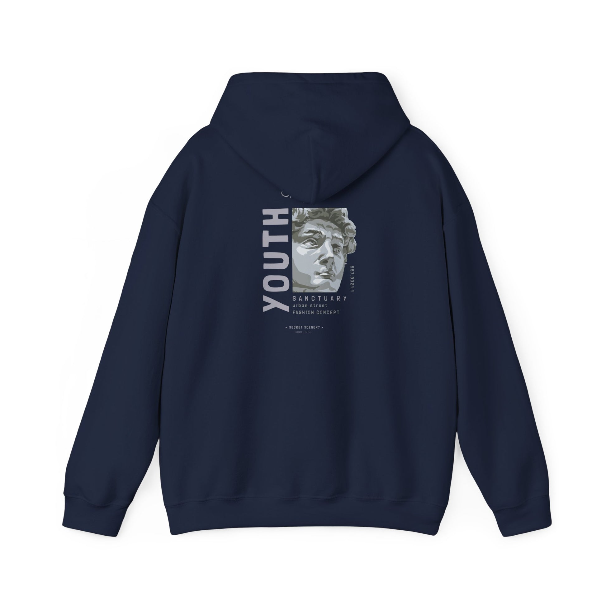 Back view of a navy Urban Sanctuary hoodie adorned with a contemporary bust graphic and the word 'YOUTH' in distinguished font, merging art with urban fashion sophistication.