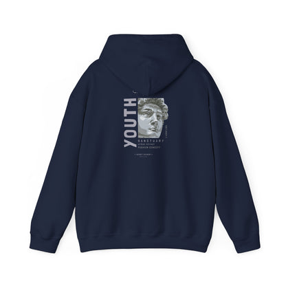 Back view of a navy Urban Sanctuary hoodie adorned with a contemporary bust graphic and the word 'YOUTH' in distinguished font, merging art with urban fashion sophistication.