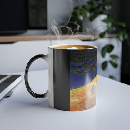 Discworld Reaper Man Colour Morphing Mug in a modern setting, filled with hot beverage, steam rising, highlighting its unique heat-change feature.
