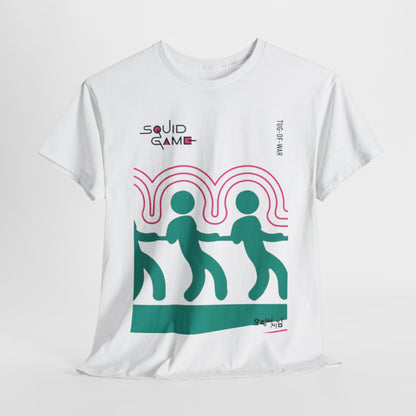 Luxury unisex graphic cotton t-shirt featuring a Squid Game Tug-of-War design, elegantly capturing the essence of the popular Netflix series in a stylish white fabric.