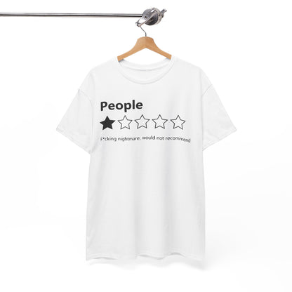Sophisticated hanging t-shirt featuring the word 'People' and a humorous rating system, ideal for those who appreciate witty and bold fashion choices.