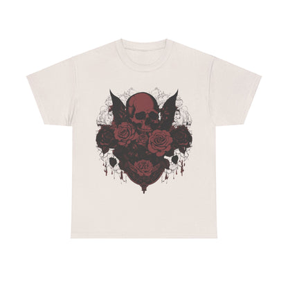 Skulls and Roses Cotton Tee – a luxurious graphic shirt showcasing intricate steampunk-inspired artwork with skulls entwined in exquisite roses, perfect for fashion enthusiasts.