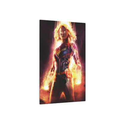Refined Captain Marvel Metal Art Poster displayed against a chic backdrop, handcrafted from exceptional matte aluminium, bringing a bold statement to any interior.