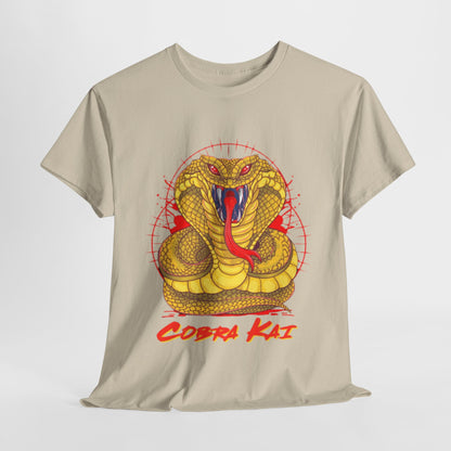 Luxurious unisex graphic T-shirt featuring the iconic Cobra Kai snake design in vibrant colours, perfect for martial arts enthusiasts and fans of the series.