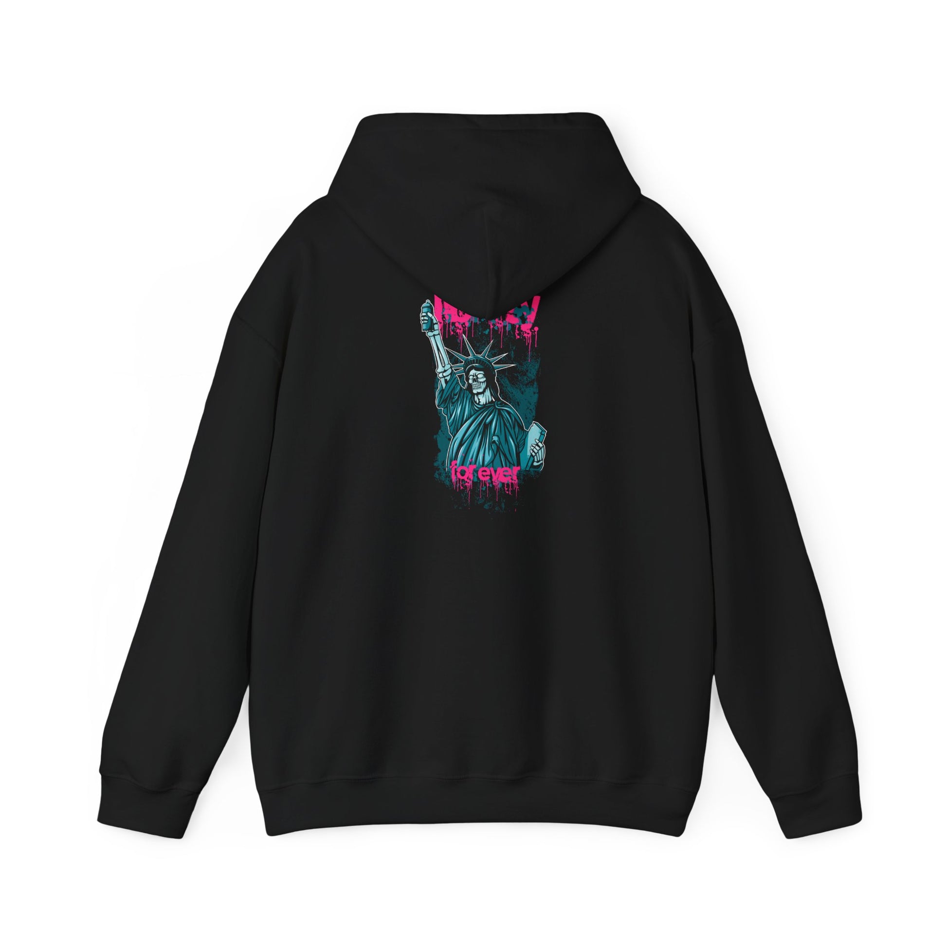 Chic black hoodie with a powerful back print of the Statue of Liberty, adorned with graffiti accents in pink, blending modern artistry and elegance.