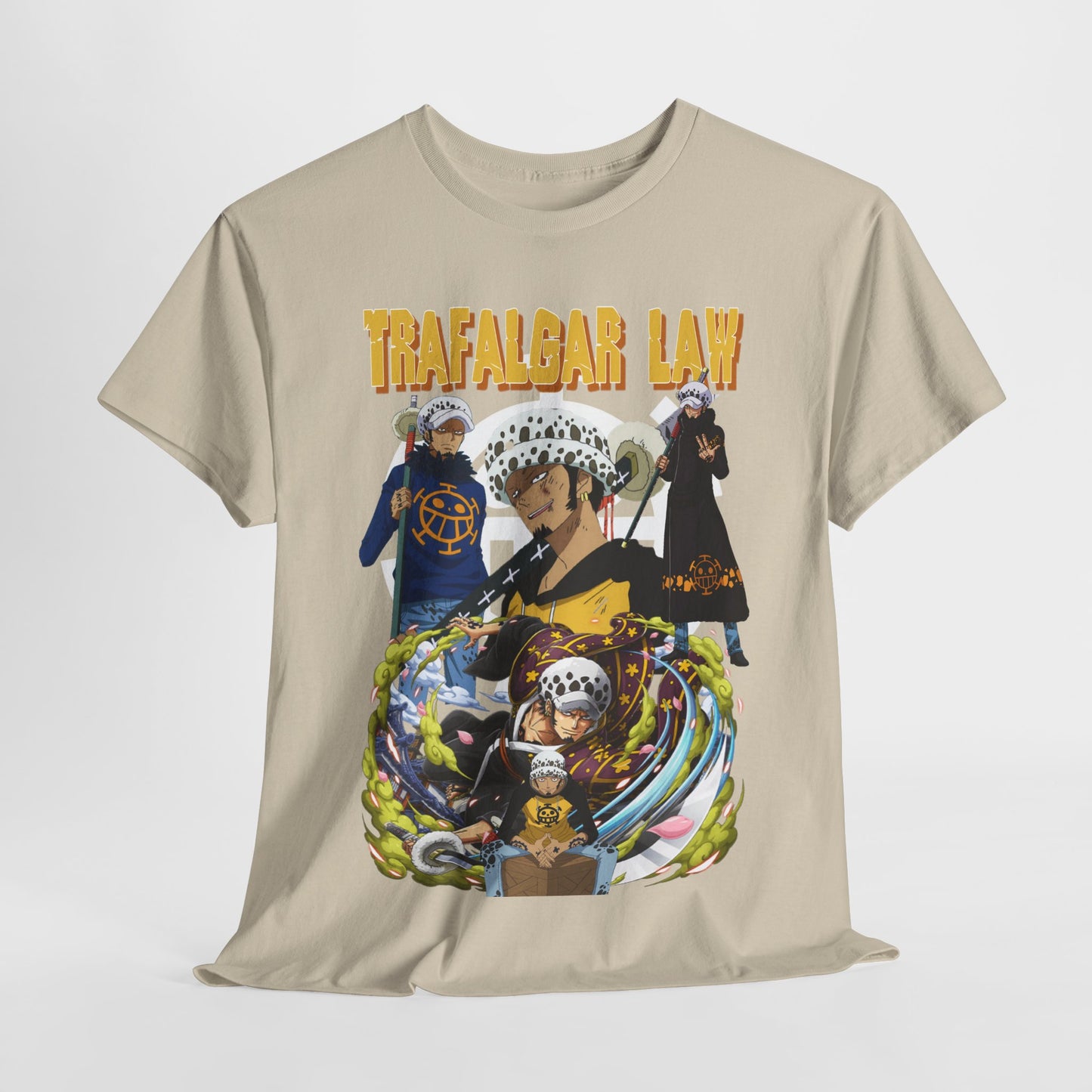 One Piece Trafalgar Law Men's T-Shirt elegantly displayed, highlighting vibrant colours and intricate designs that resonate with anime enthusiasts.