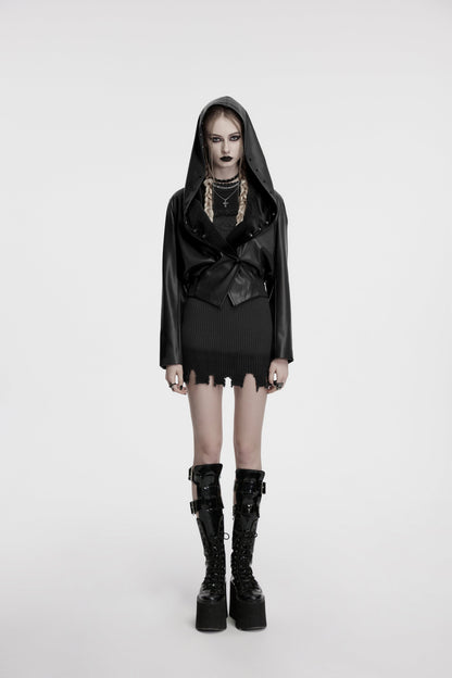 Close-up of the luxurious faux leather and soft velvet details of the Punk Rave Nyx Hooded Jacket, emphasizing the impeccable craftsmanship.