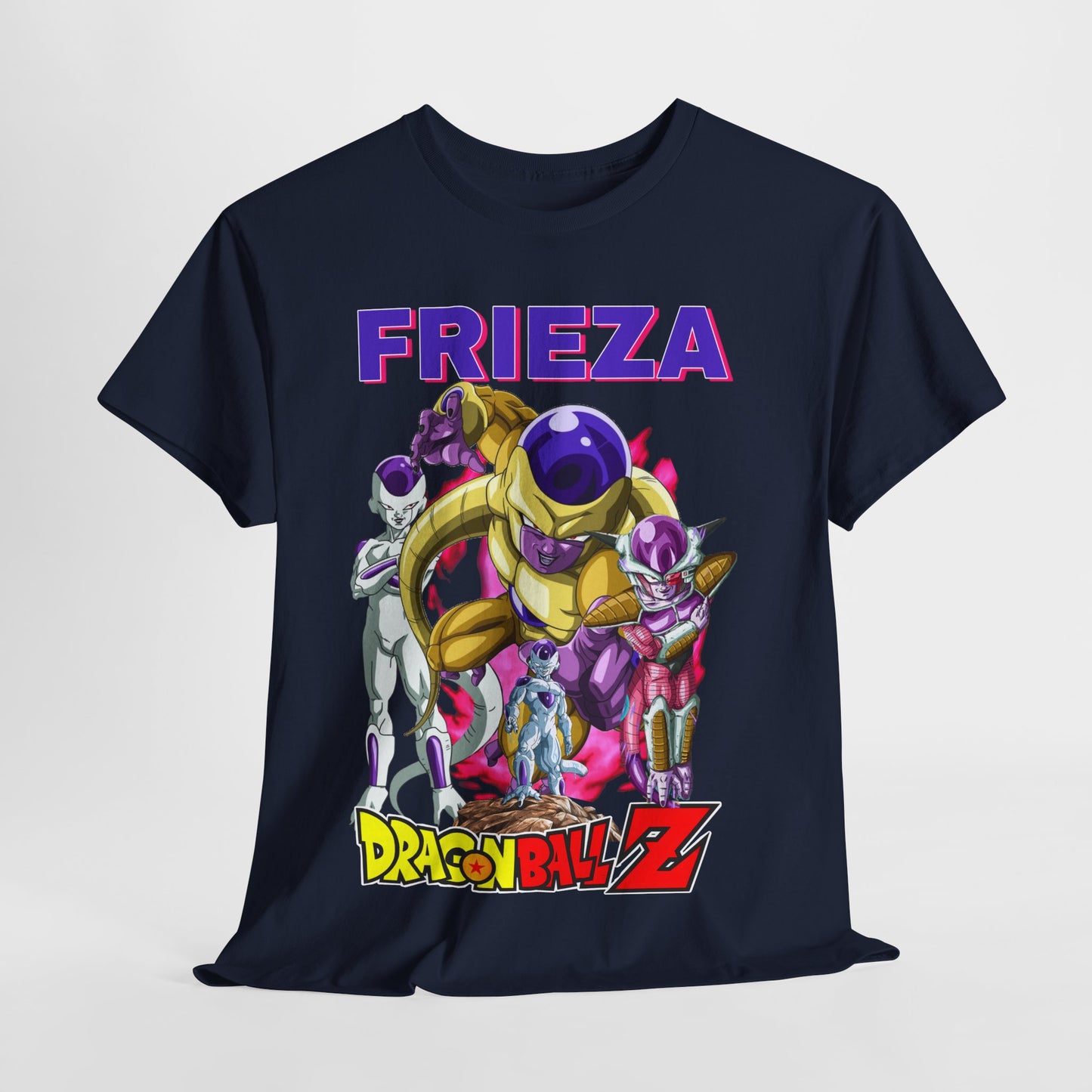 Sophisticated navy t-shirt displaying iconic Dragon Ball Z character Frieza in dynamic poses, outlined with eye-catching pink typography, perfect for discerning anime fans.