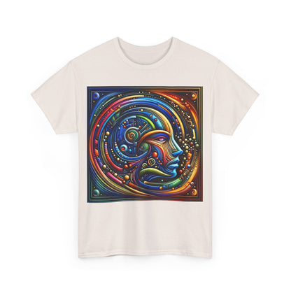 Front view of the Stained Glass Dreams Unisex T-Shirt featuring a vibrant, abstract design of a human face, blending artistic expression with luxury fashion.