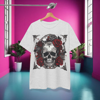 Elegantly displayed Skulls and Roses Cotton Tee on a hanger, showcasing the intricate steampunk design of skulls and roses, perfect for luxury streetwear enthusiasts.