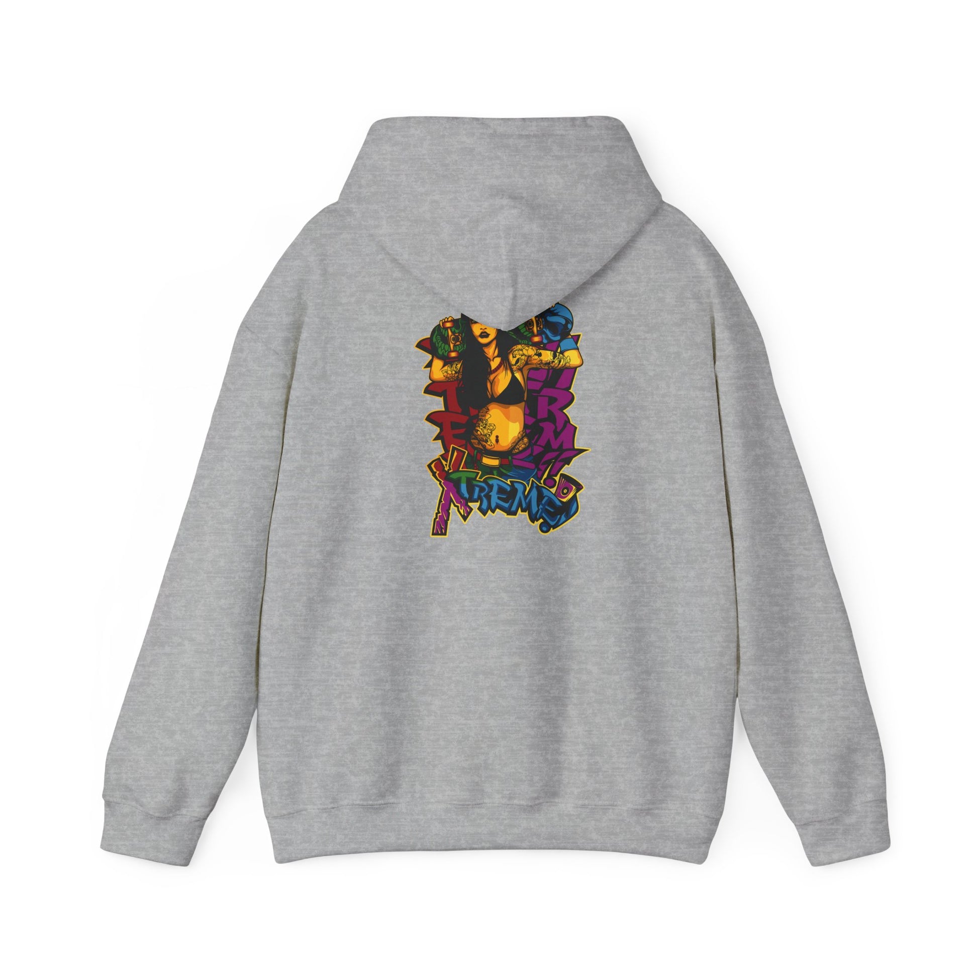 Chic back view of a grey hoodie showcasing an expressive skateboarder graphic design, embodying the essence of urban street style.