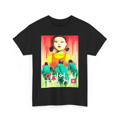 Stylish front view of the Squid Game graphic t-shirt, featuring a captivating image of a girl from the series, ideal for those seeking to make a bold fashion statement.